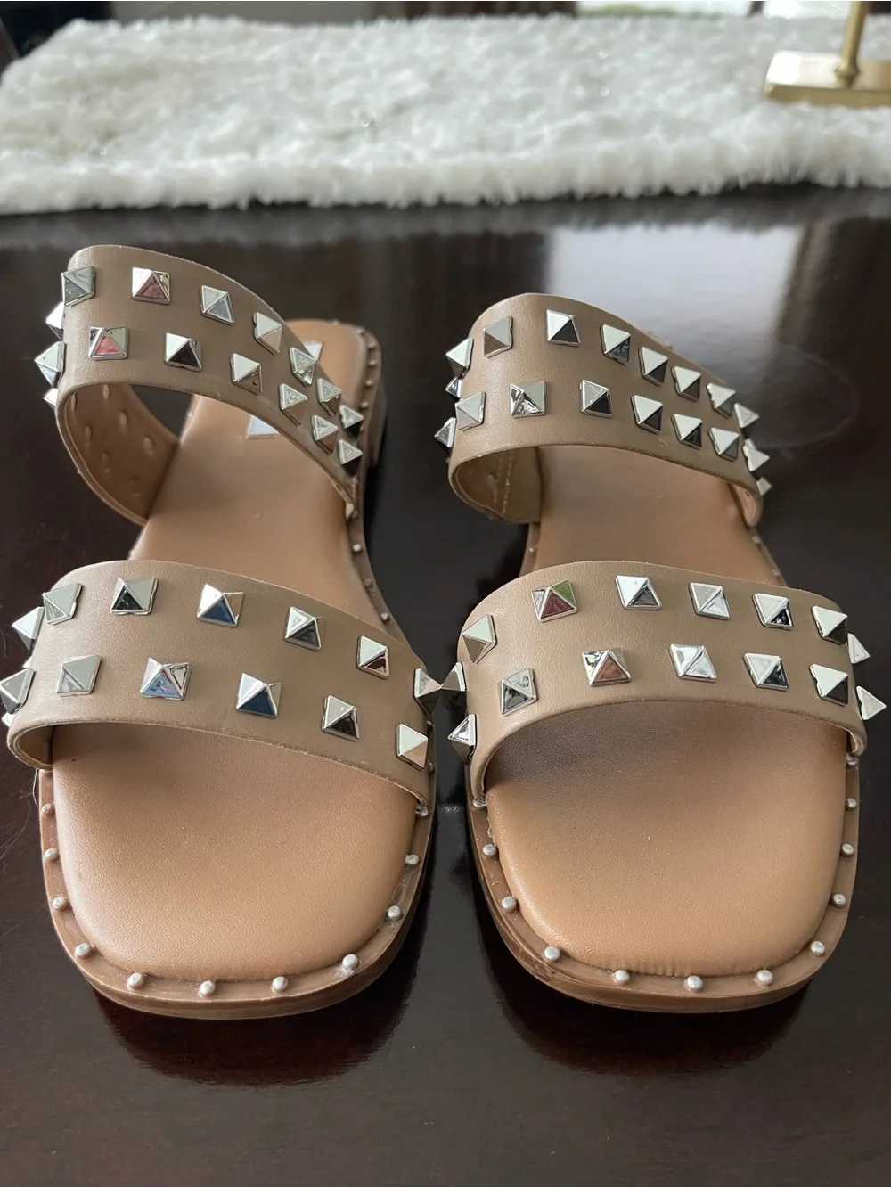 Steve Madden Tan Studded Double-Strap Slide Sandals